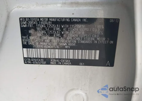 2013 Toyota Rav4 Limited из США, поврежденный, VIN 2T3DFREV6DW081516